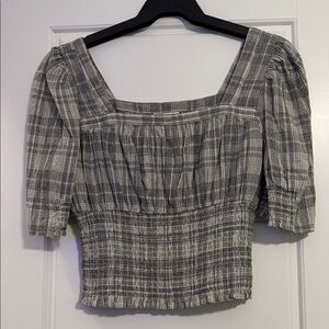 American Threads Gray Plaid Square-Neck Smocked Waist Top